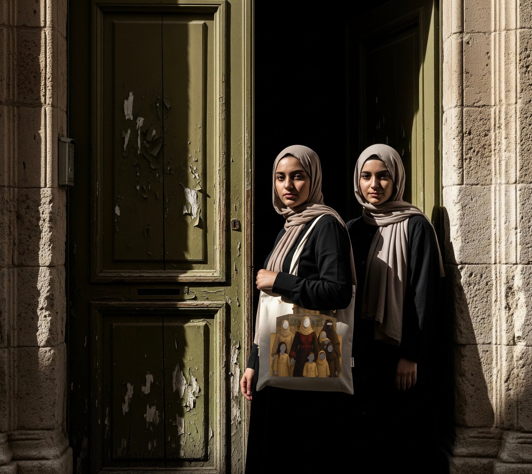 Canva bag beige illustré d’un motif doré, porté par une femme voilée, scène capturée devant une porte ancienne à l’ombre.