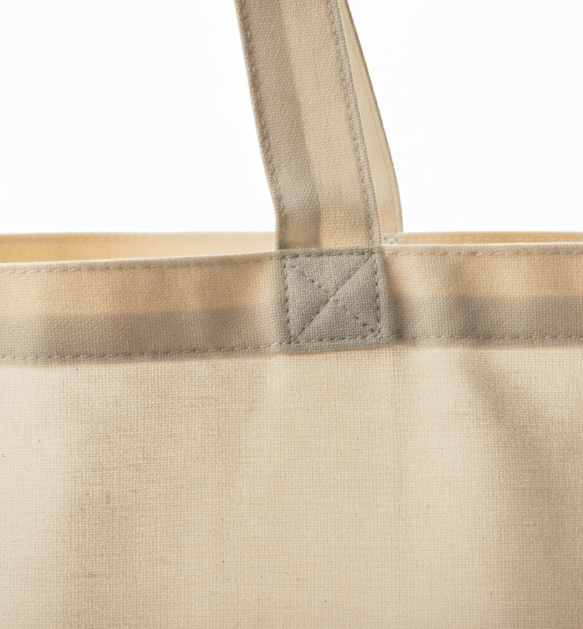 close up d'un tote bag, sac fourre tout d'un sac en tissu standard 140g/m2, tissu moins épais que la collection premium, légère transparence