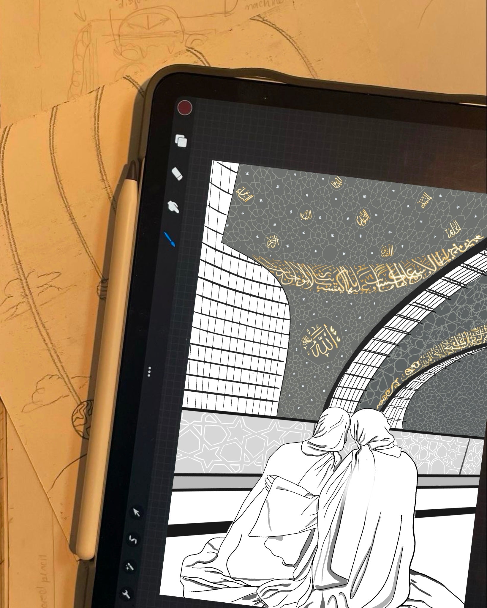 Croquis en cours sur tablette Procreate représentant un motif architectural et spirituel.