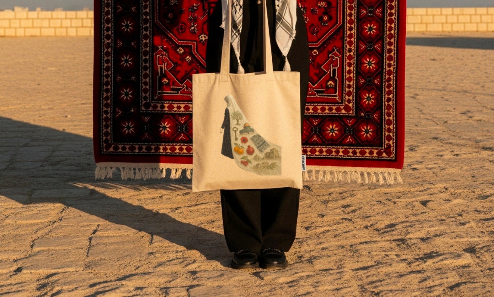 Tote bag en coton beige Seni'Stuff, illustration artistique exprimant dignité et liberté.