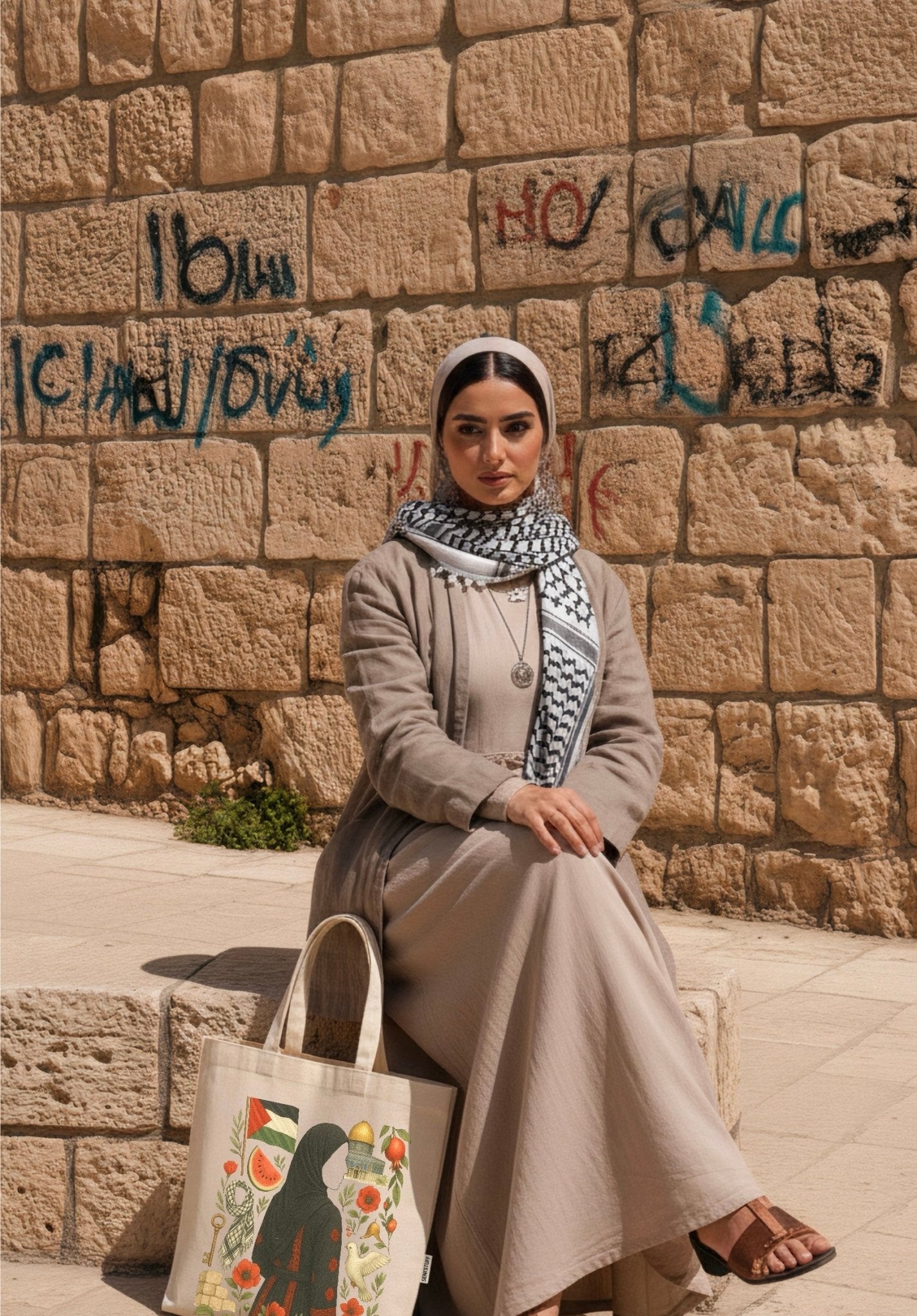Sac en toile coton avec illustration colorée inspirée de la culture palestinienne, posé au sol devant une femme assise en tenue traditionnelle.