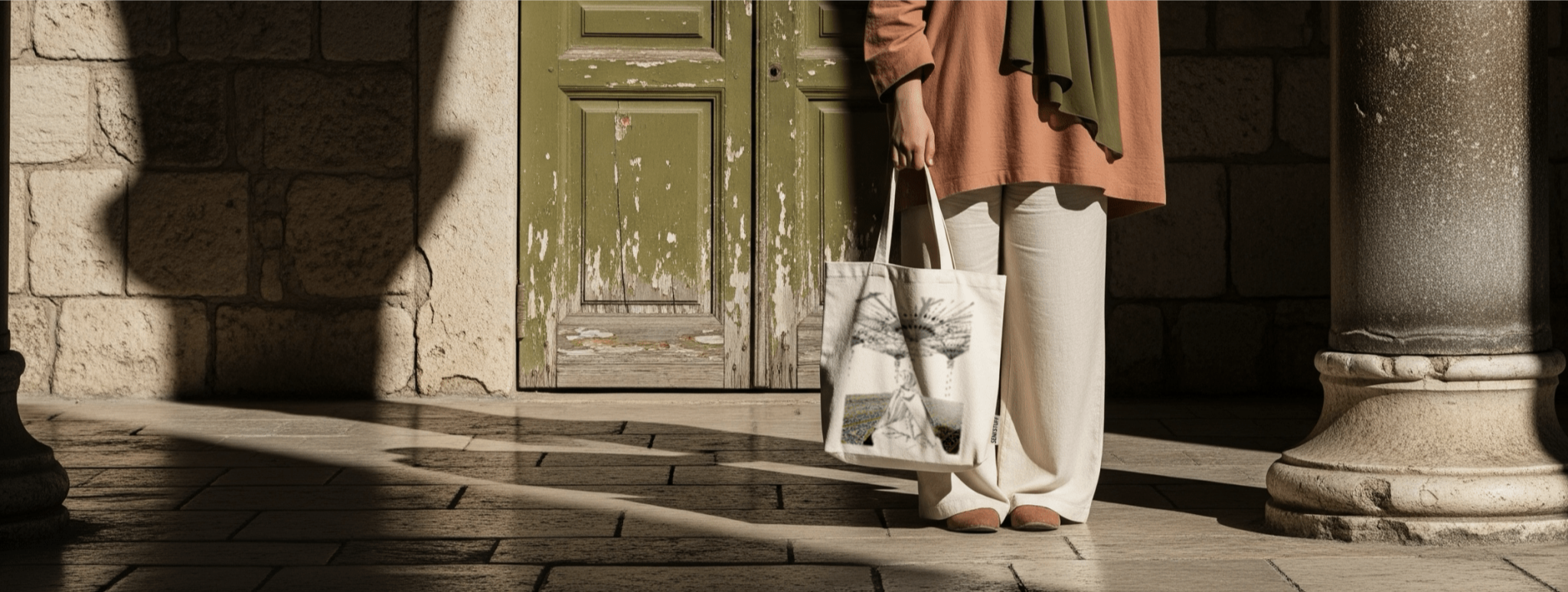 Sac fourre-tout en coton illustré d’une scène artistique, tenu par une femme devant une porte ancienne verte, ambiance orientale.