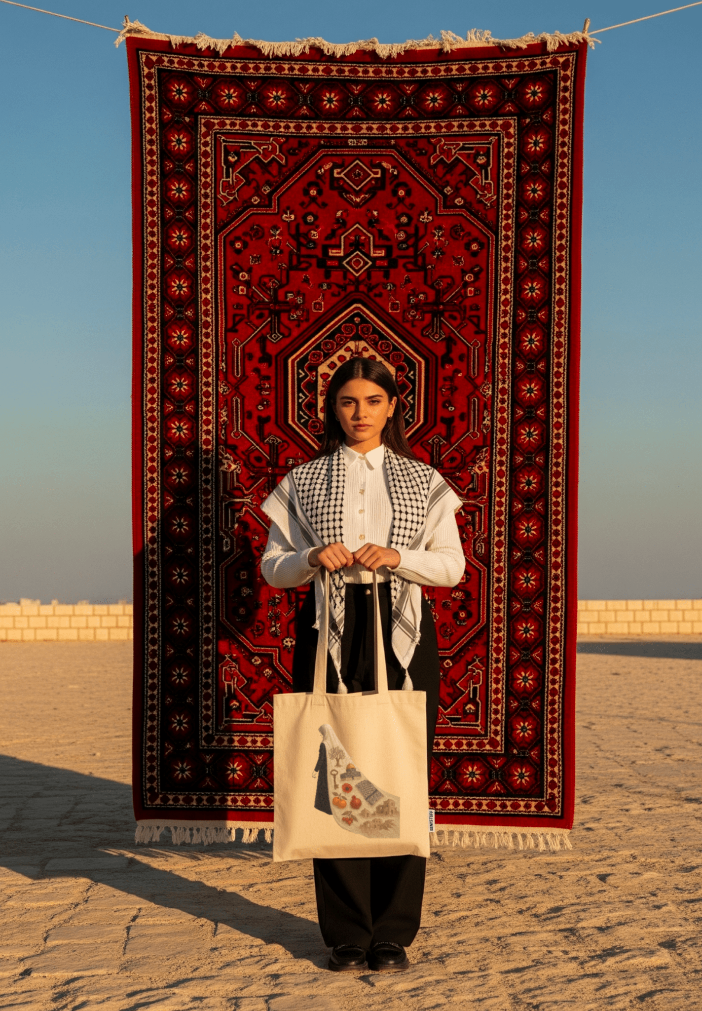 Tote bag Seni'Stuff en coton naturel, design artistique coloré inspiré de la Palestine, accessoire engagé et symbolique.
