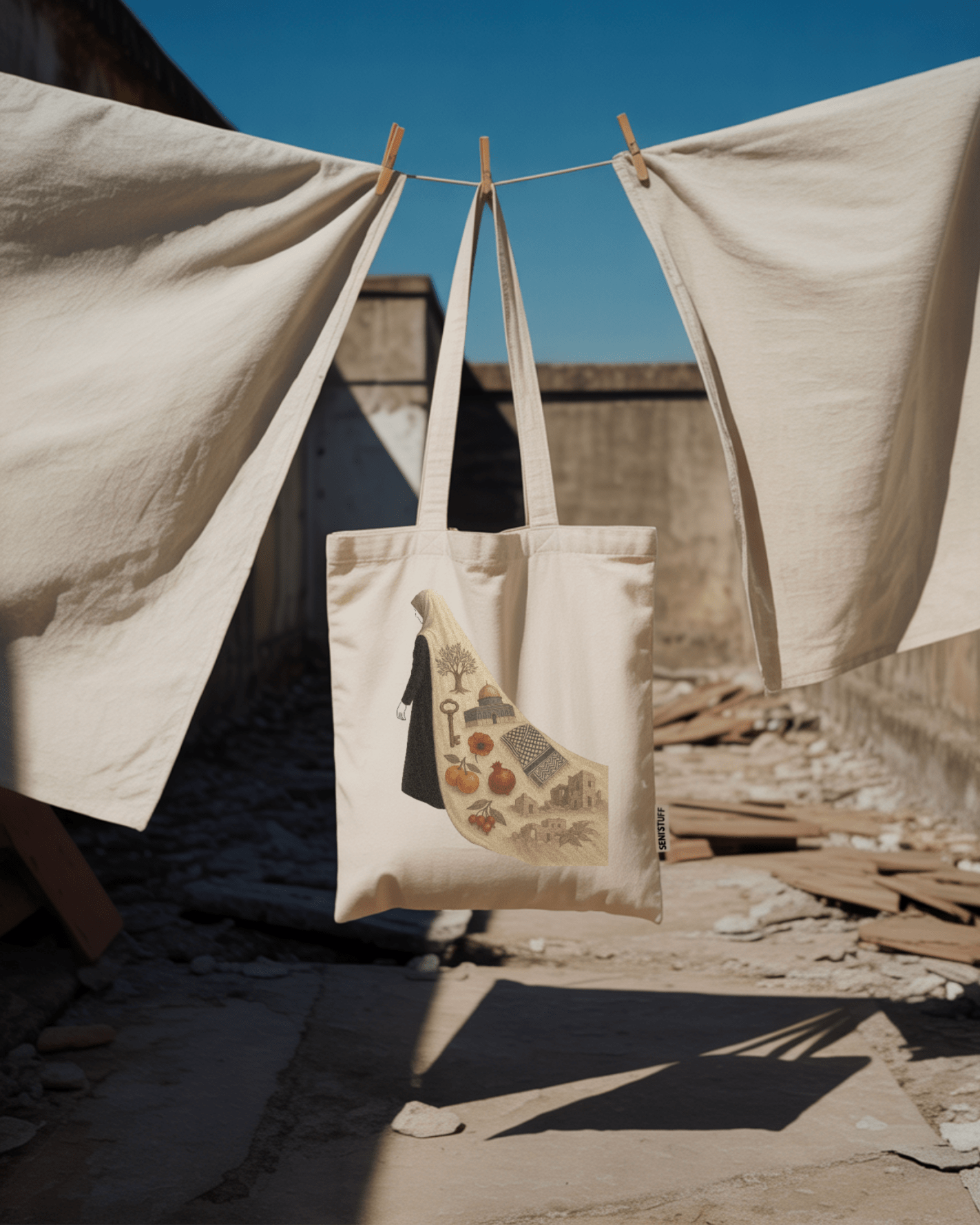 Tote bag Seni'Stuff en coton beige, illustration artistique avec silhouette et symboles culturels, design engagé.