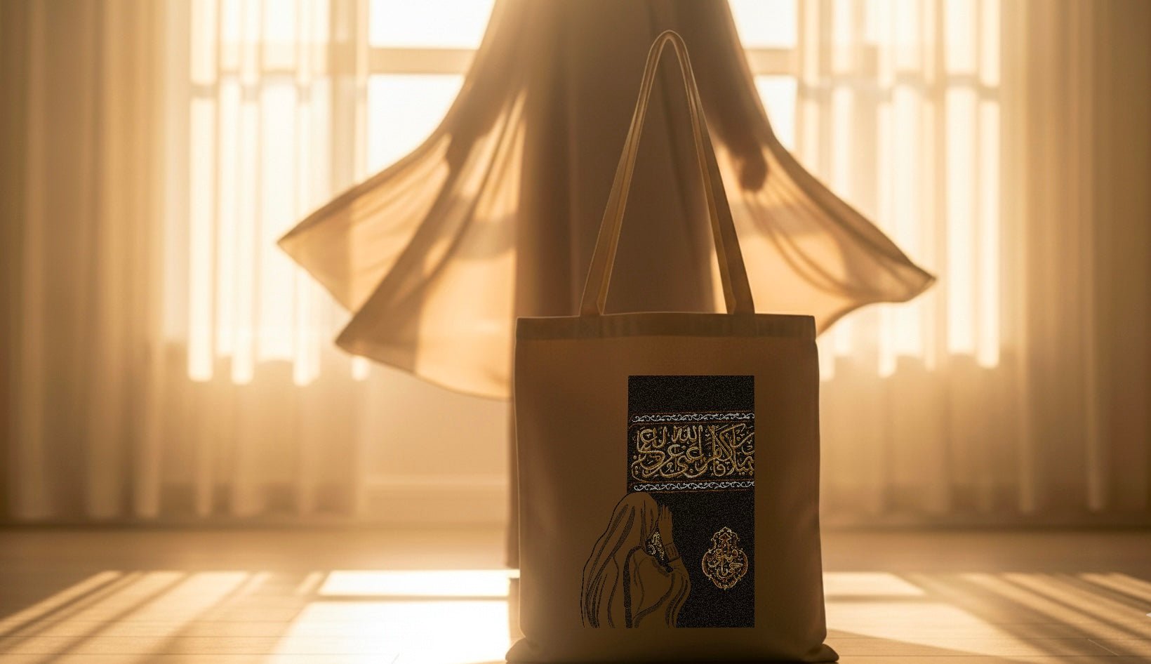 Tote bag coton beige avec design spirituel représentant la Kaaba, mis en avant dans une ambiance lumineuse et poétique.