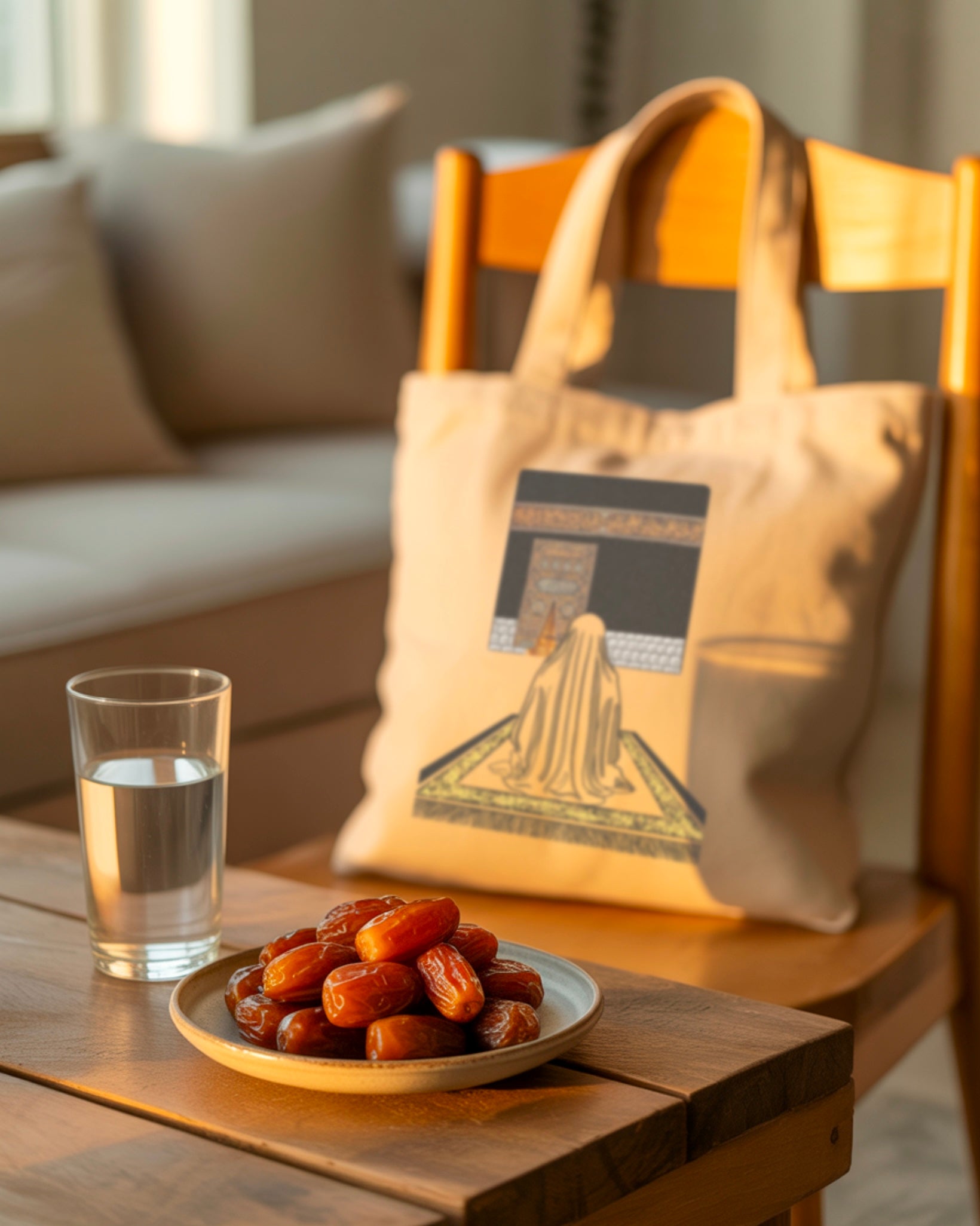 Tote bag Seni'Stuff en coton beige, illustration artistique inspirée de la Kaaba, accessoire spirituel et élégant.