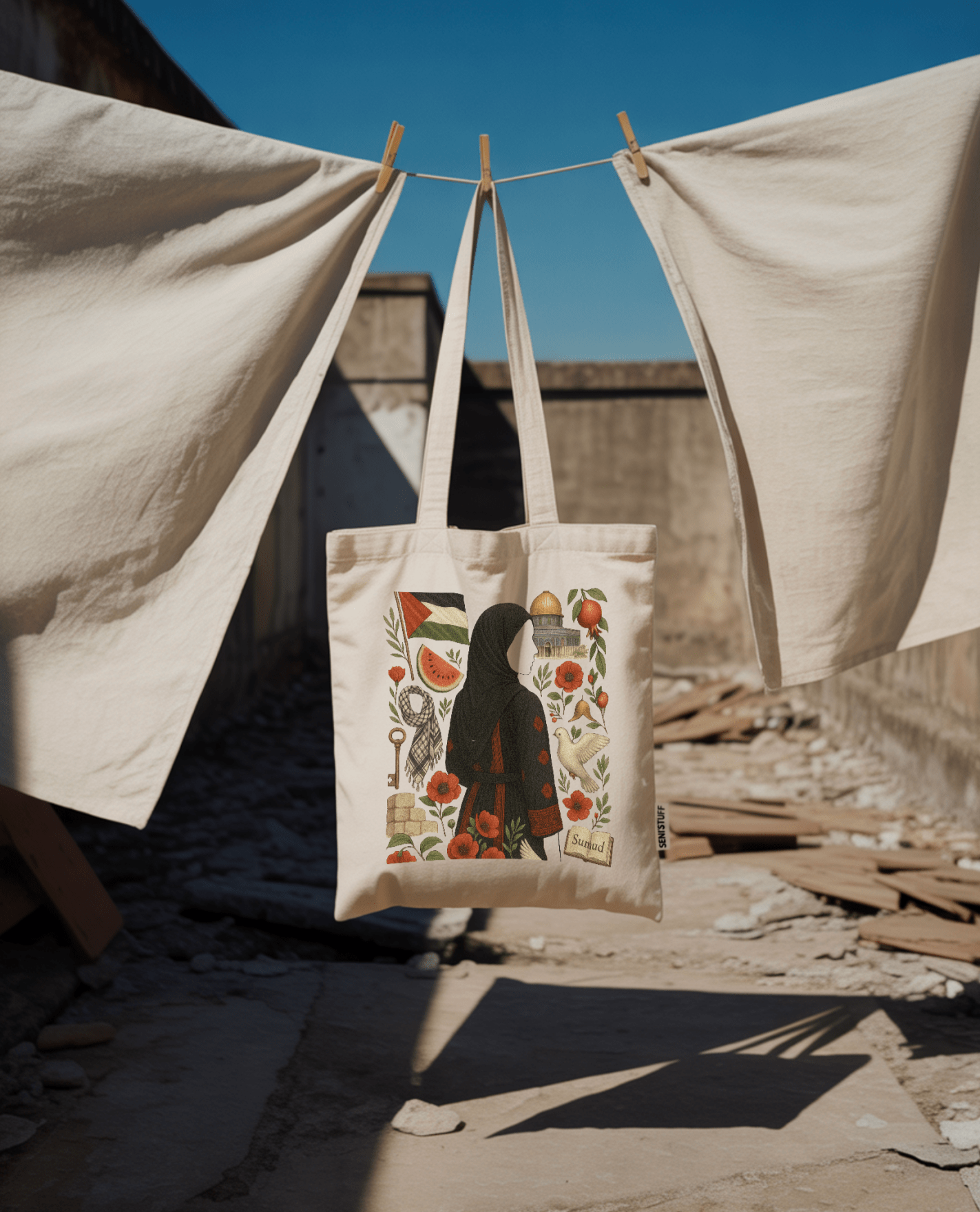 Tote bag Seni'Stuff en coton naturel, illustration artistique colorée inspirée de la Palestine, accessoire engagé et unique.