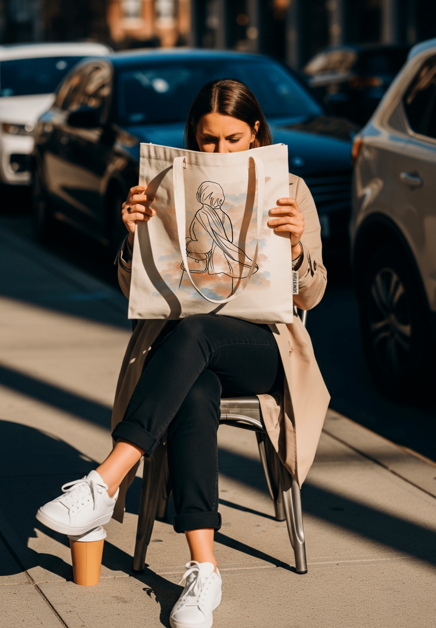 Femme assise dans la rue avec un tote bag beige Seni’Stuff décoré d’une illustration pastel minimaliste représentant une silhouette voilée.