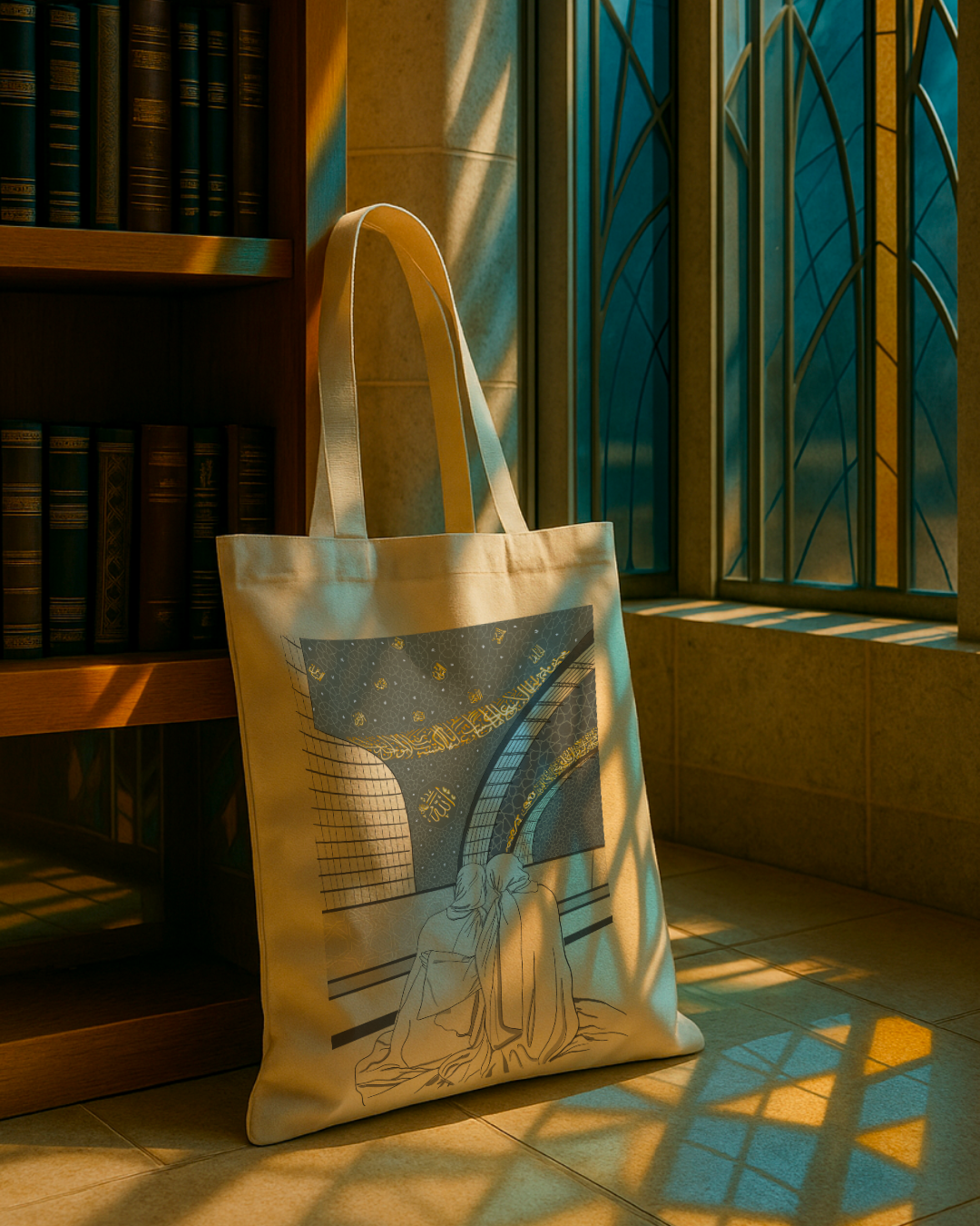 Tote bag Seni'Stuff posé près d’une bibliothèque avec un vitrail coloré, lumière douce filtrée.