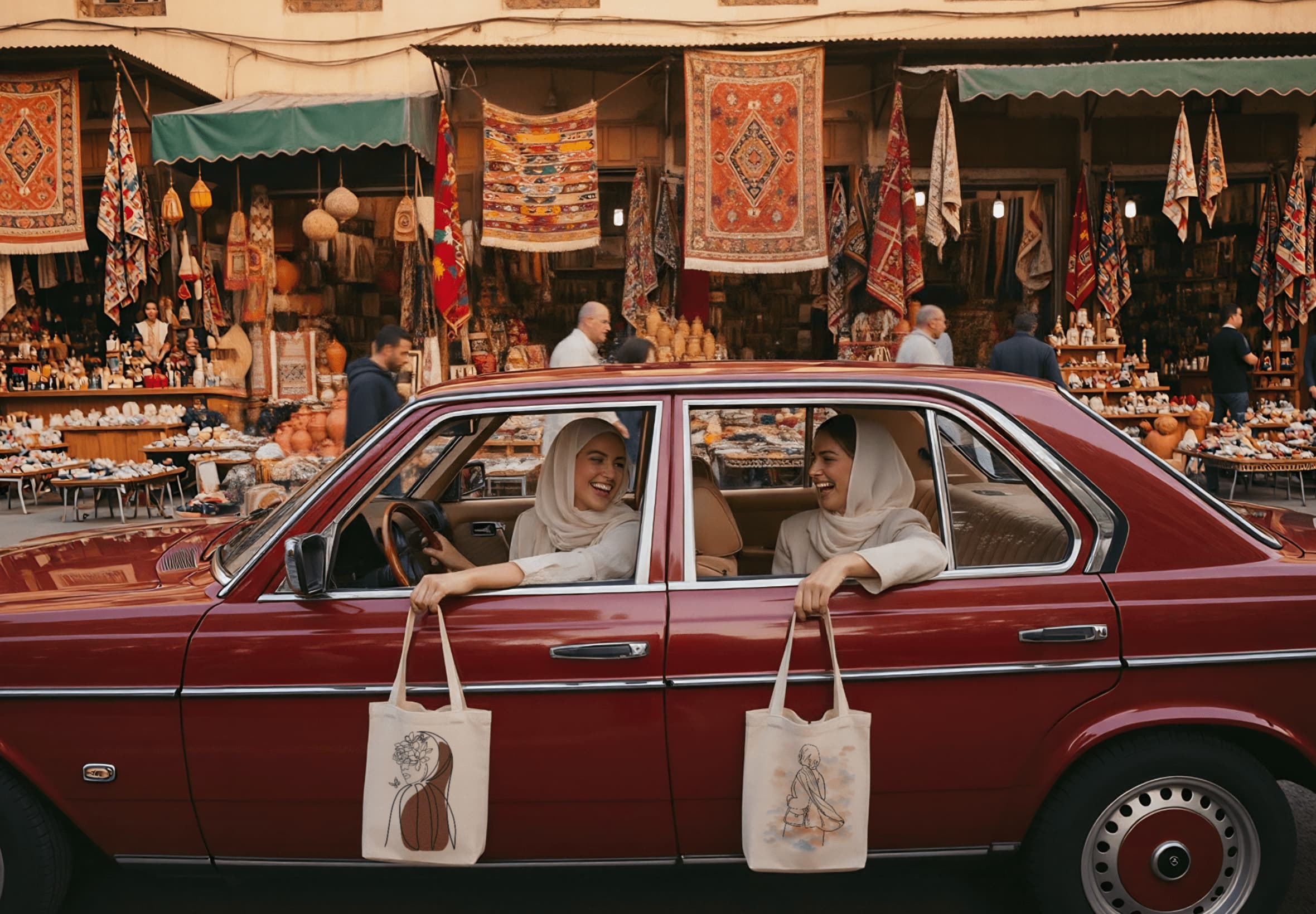 Deux femmes voilées souriantes à bord d’une voiture rouge ancienne, tenant des tote bags Seni'Stuff illustrés, devant un marché oriental rempli de tapis et d’artisanat.