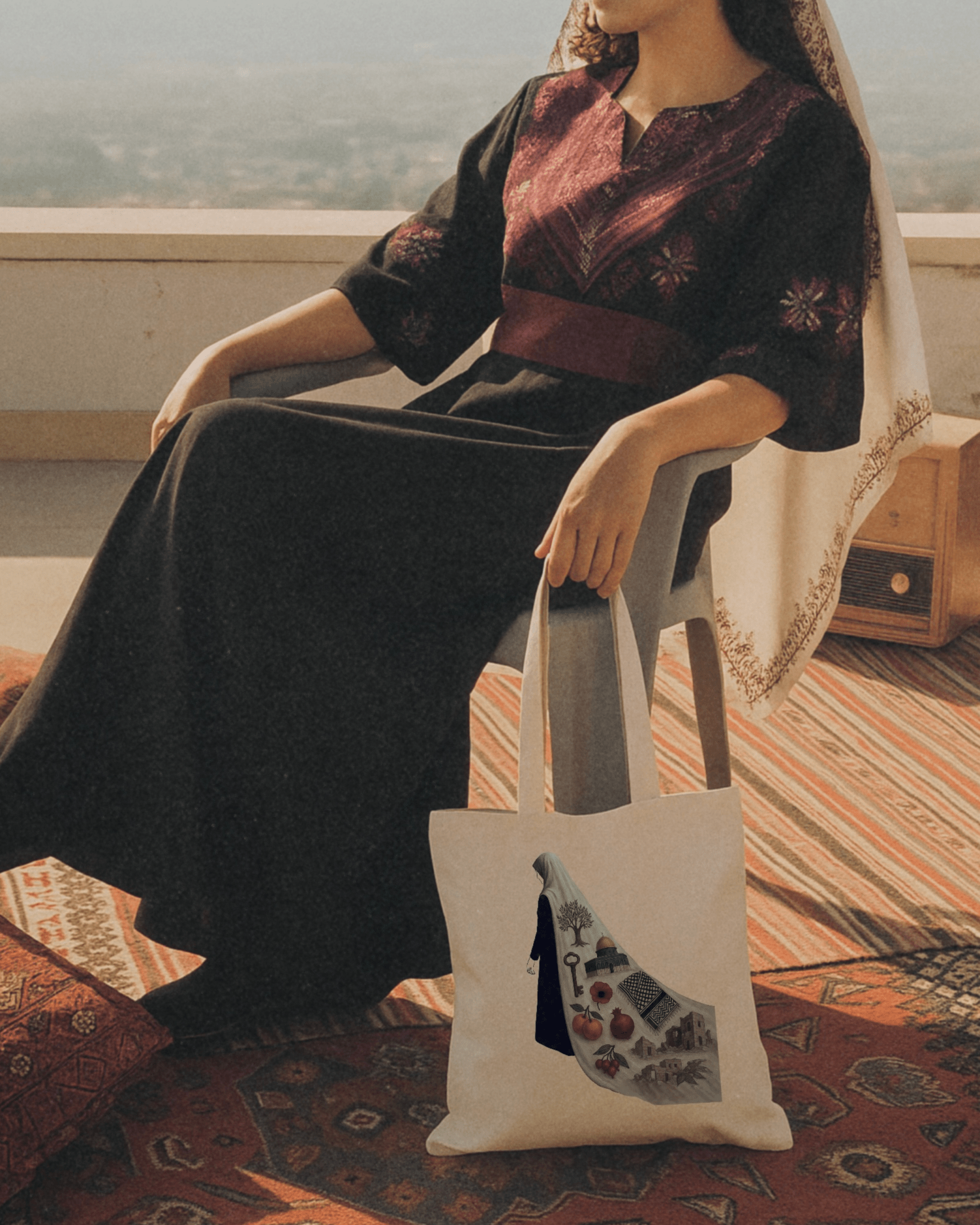 Femme palestinienne tenant un tote bag seni'stuff sur le toit d'une maison, le dessin représente une femme voilée qui porte l'histoire palestinienne sur son voile 