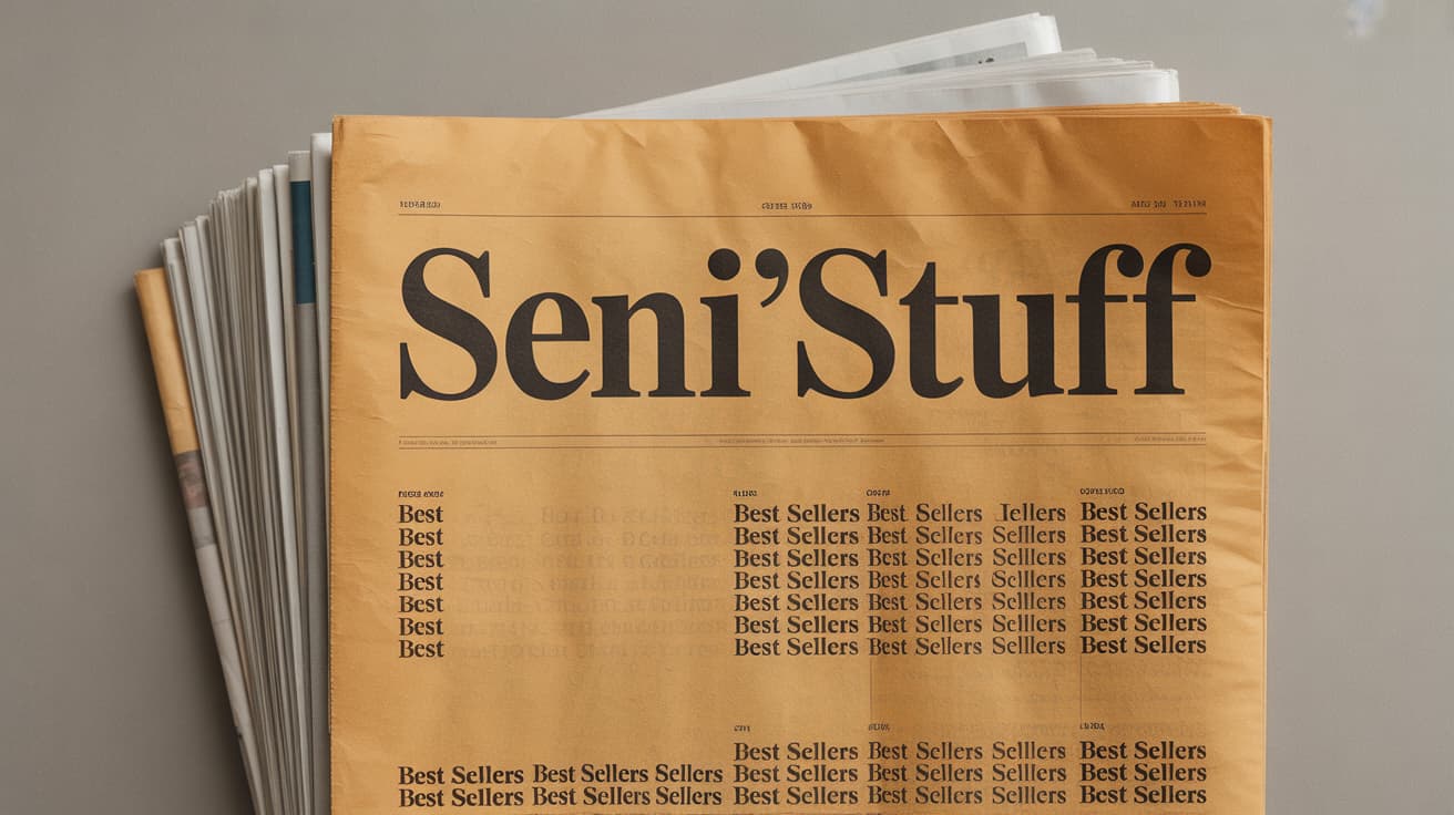 Gros plan sur un journal orange affichant le logo Seni'Stuff et la mention “Best Sellers”, posé sur un fond neutre.