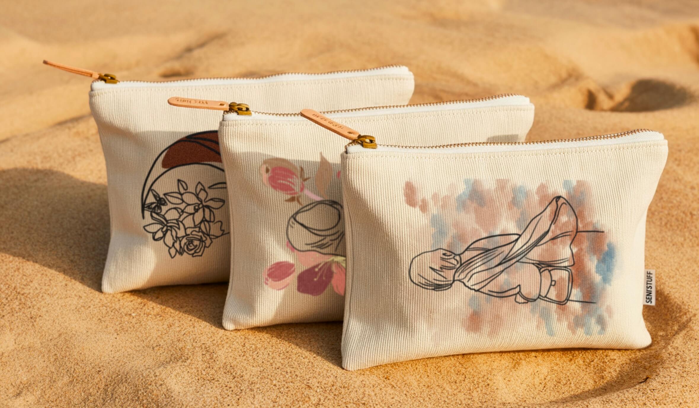 Trois pochettes Seni'Stuff posées sur le sable, illustrées de silhouettes féminines stylisées et de motifs floraux dans des tons doux et apaisants.