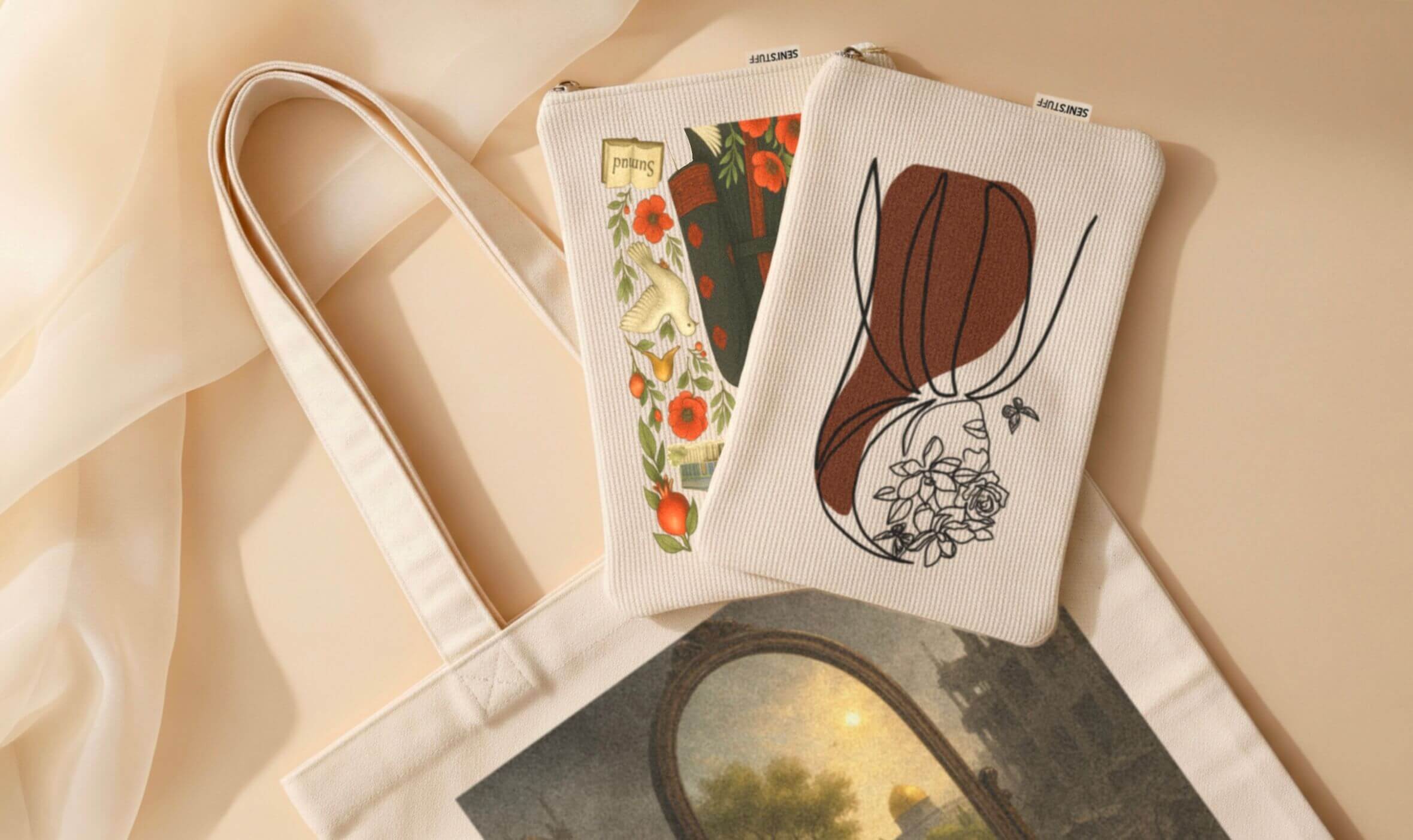 Deux pochettes Seni'Stuff aux motifs floraux et abstraits posées sur un tote bag, dans une ambiance beige poudrée et lumineuse évoquant la douceur et la création artisanale