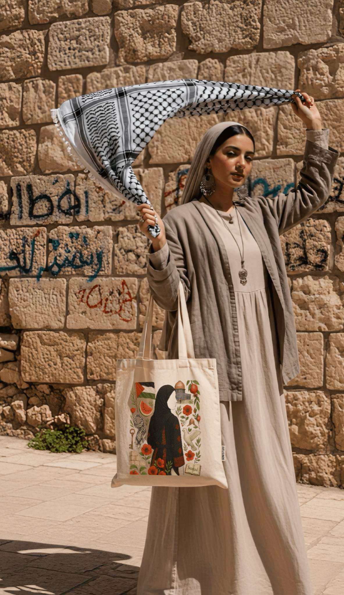 sac fourre tout palestine collection min al nahr, représentation de la femme palestinienne par un keffieh 