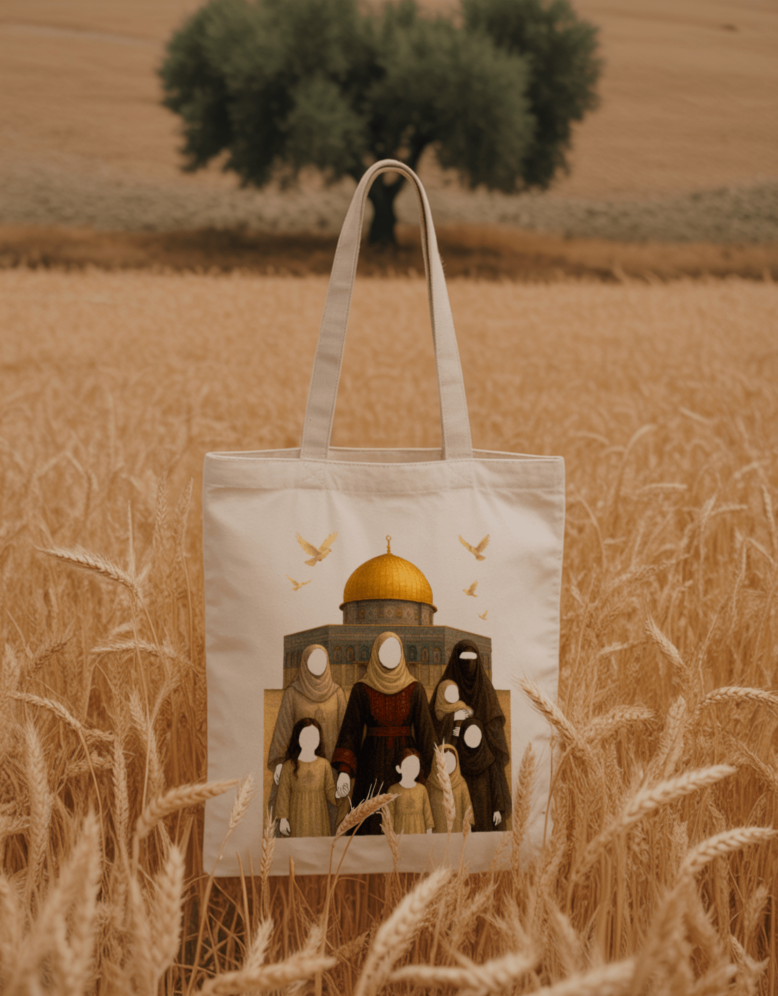 Tote bag Seni'Stuff en coton écru, motif artistique avec dôme doré  al aqsa et silhouettes, accessoire symbolique et engagé.