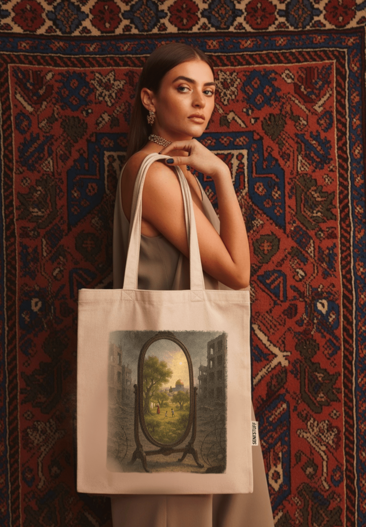 Tote bag Seni'Stuff en coton beige, design artistique poétique et symbolique inspiré de la Palestine.