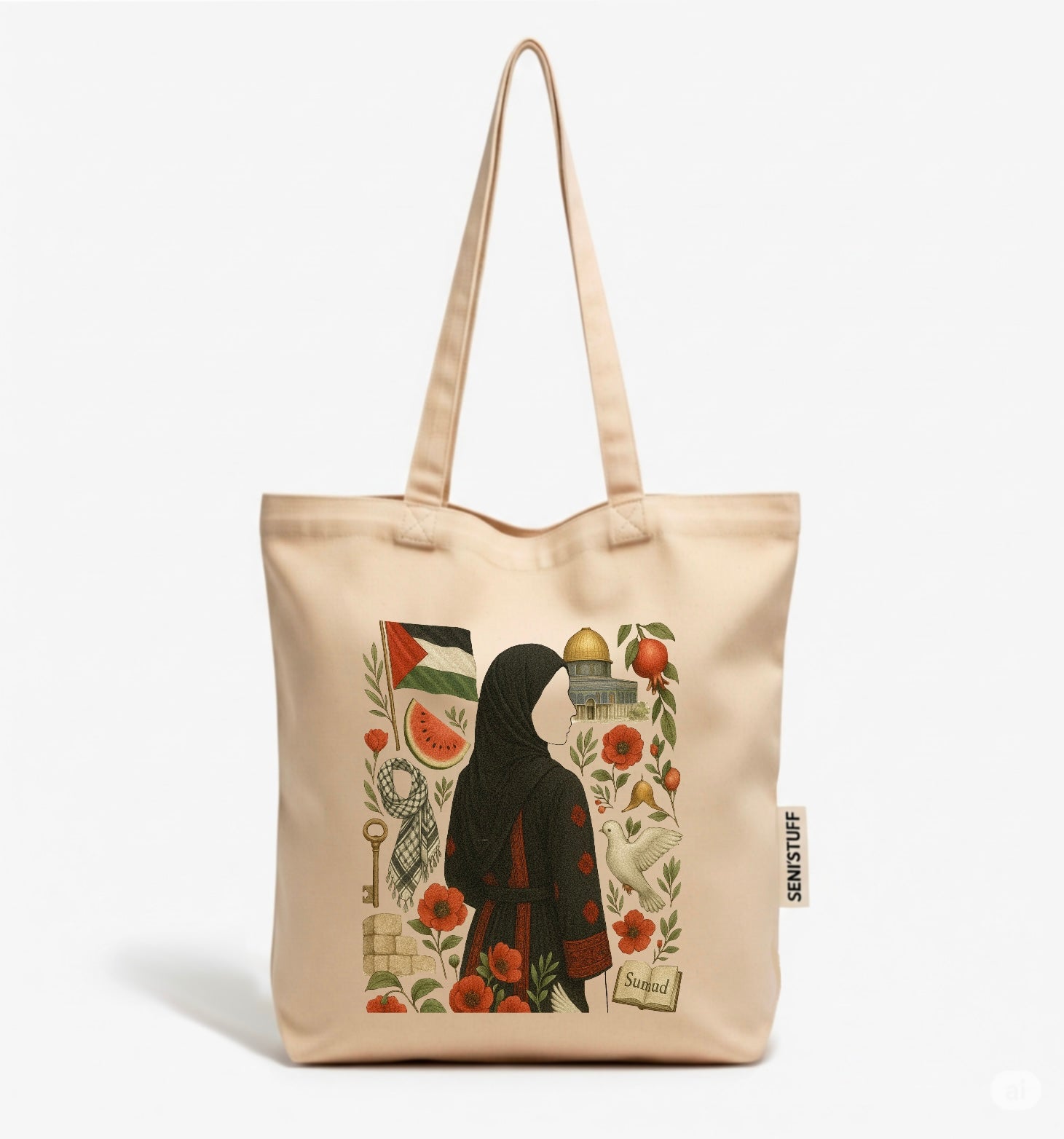Tote bag illustré d’une femme en robe traditionnelle entourée de symboles palestiniens : pastèque, clé, olivier, grenade et Dôme du Rocher.
