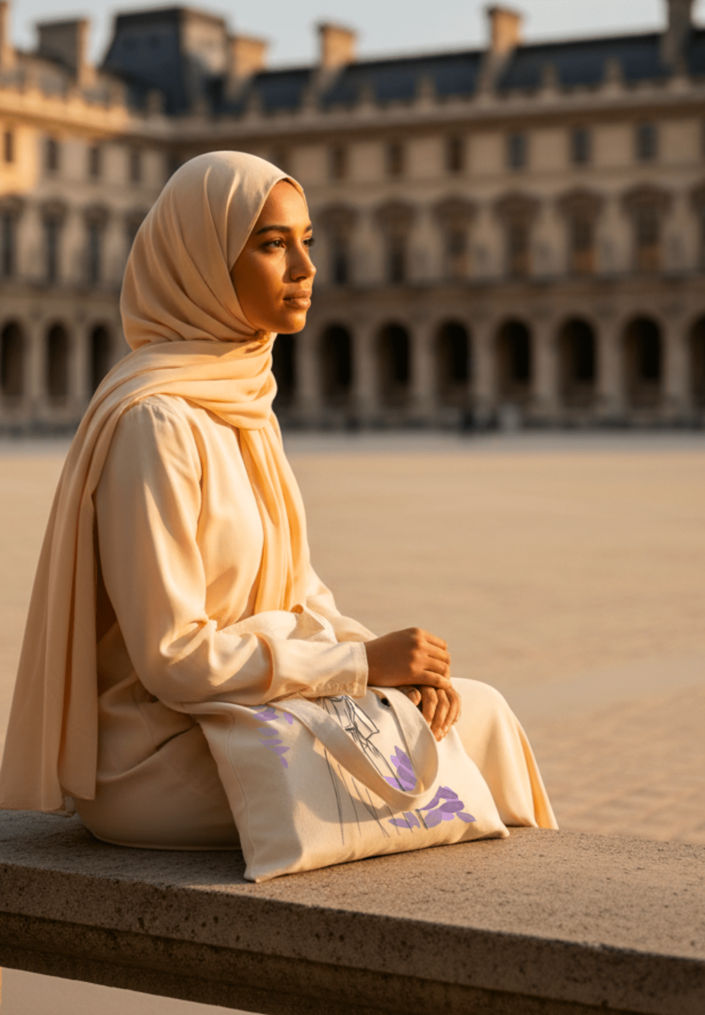 Tote bag coton orné d’un dessin féminin stylisé avec motifs violets, tenu à la main par une femme voilée assise devant le Louvre à Paris.