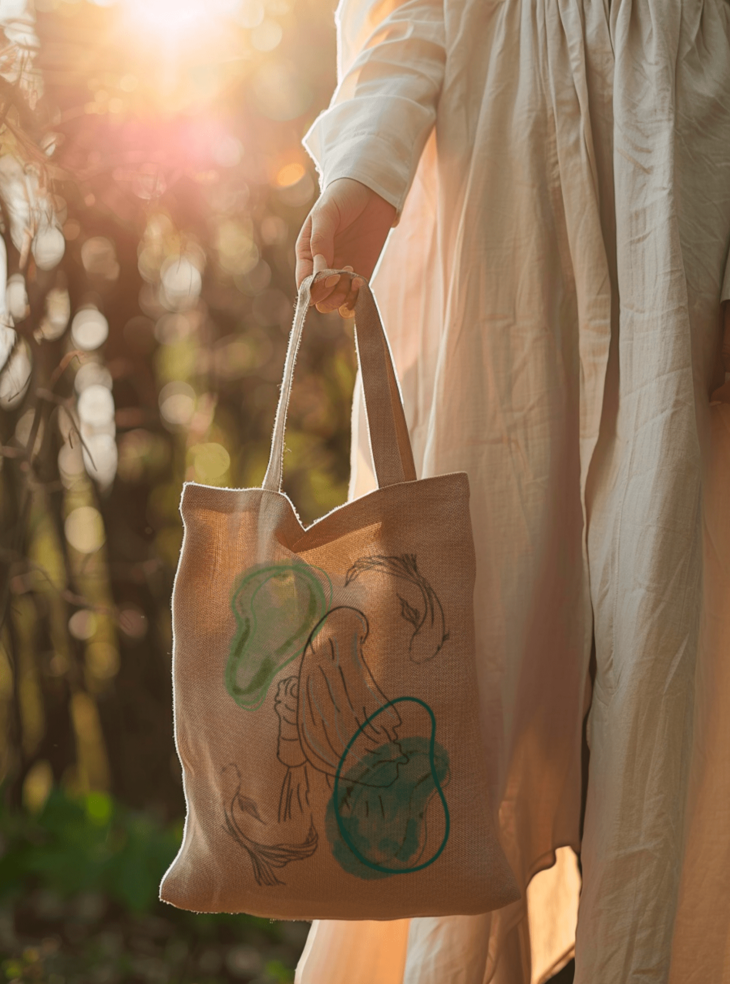 Tote bag coton beige avec dessin stylisé féminin et motifs verts abstraits, porté en extérieur par une femme en robe blanche sous la lumière du soleil.