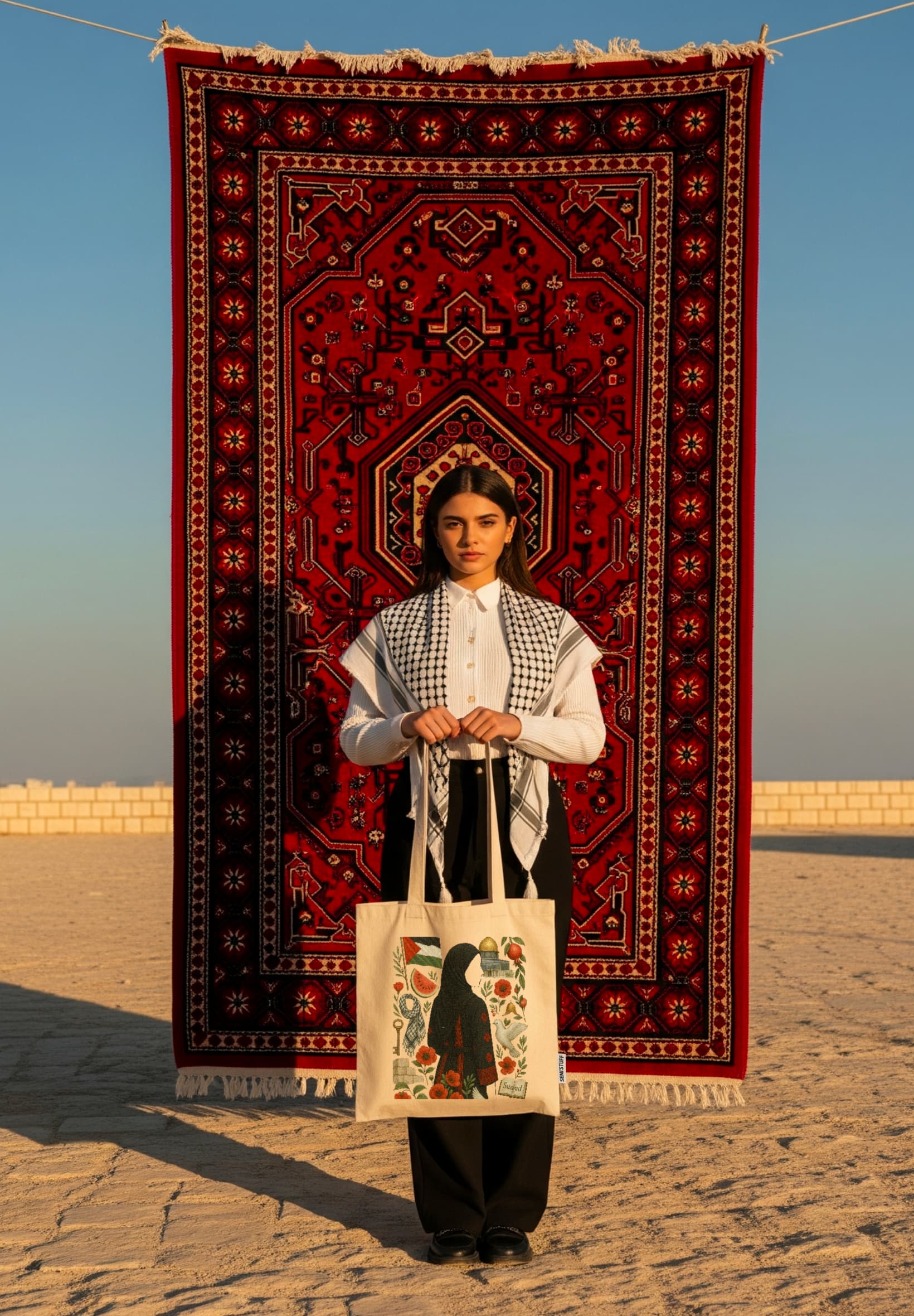 Femme vêtue d’un keffieh tenant un tote bag Seni'Stuff orné d’une illustration palestinienne, devant un grand tapis rouge suspendu dans le désert au coucher du soleil.