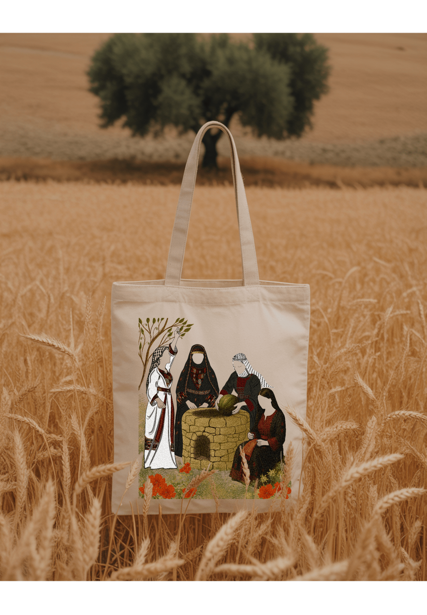 Tote bag Seni'Stuff en coton beige, illustration artistique inspirée d’une scène traditionnelle palestinienne, design symbolique et intemporel.