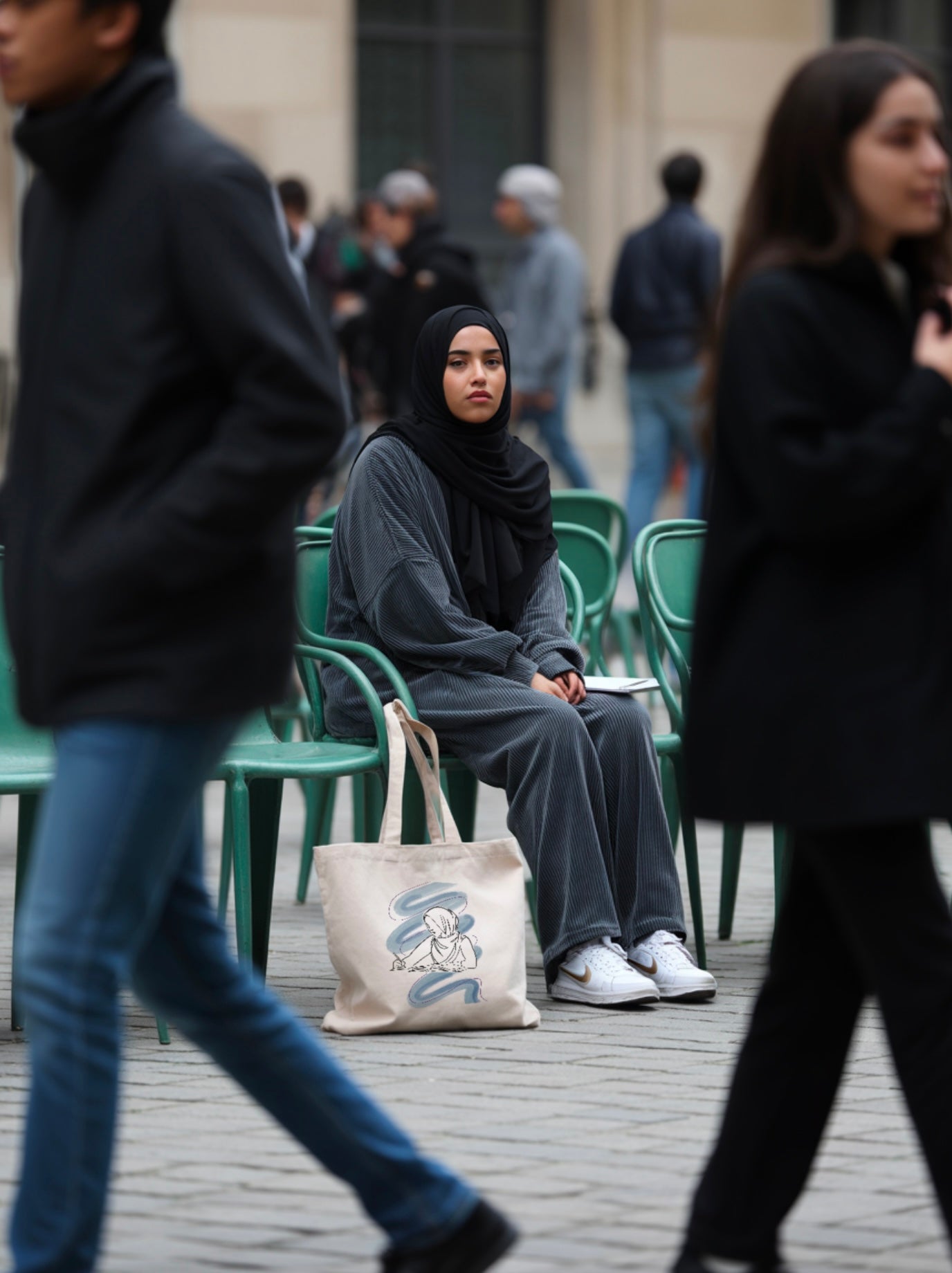 Tote bag en tissu coton Seni'stuff représentant une femme qui étudie ou qui médite, modèle dans les rues parisiennes avec des passants 