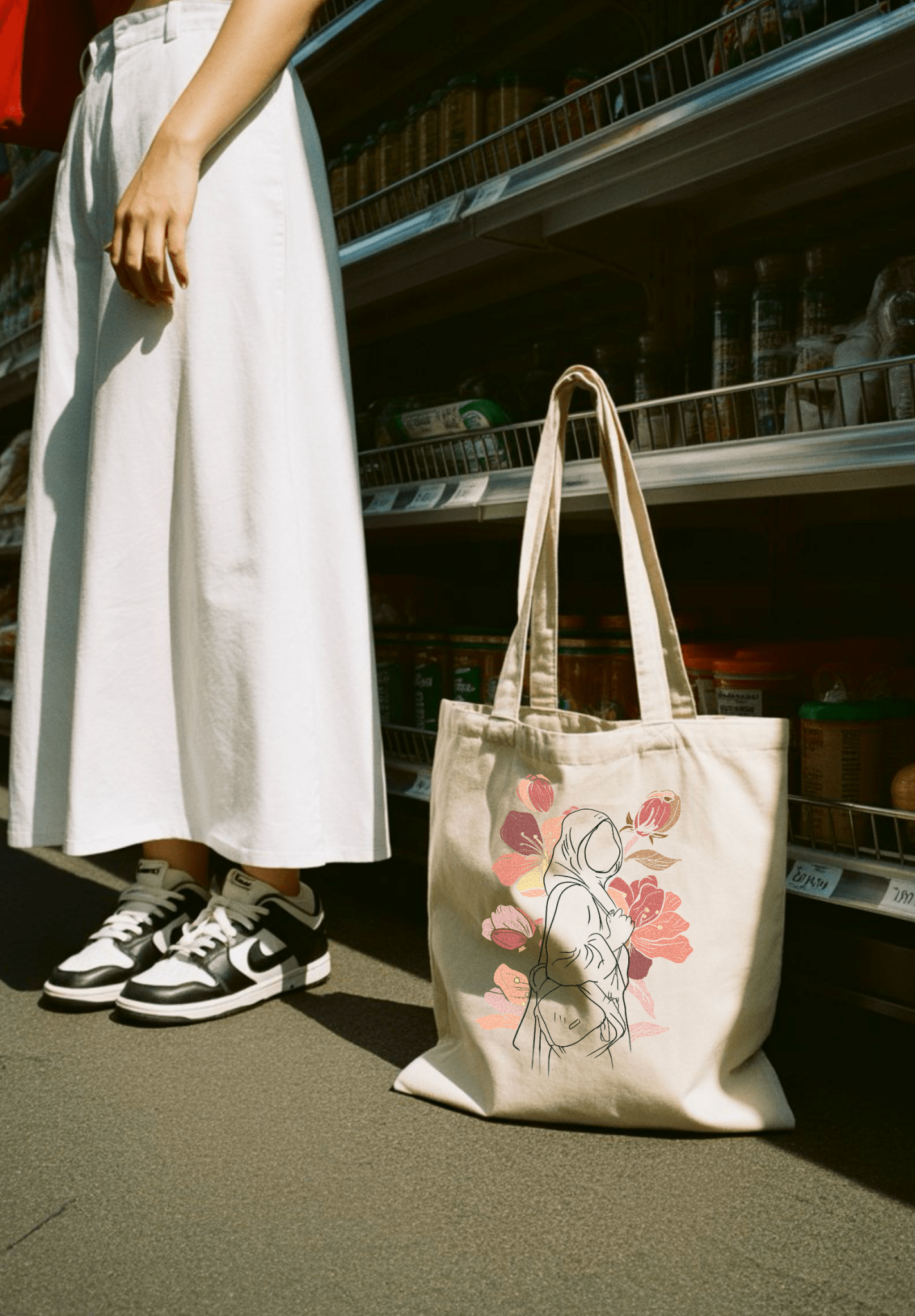 Sac en toile avec illustration de femme voilée entourée de fleurs roses et oranges, tenu dans une allée d’épicerie.