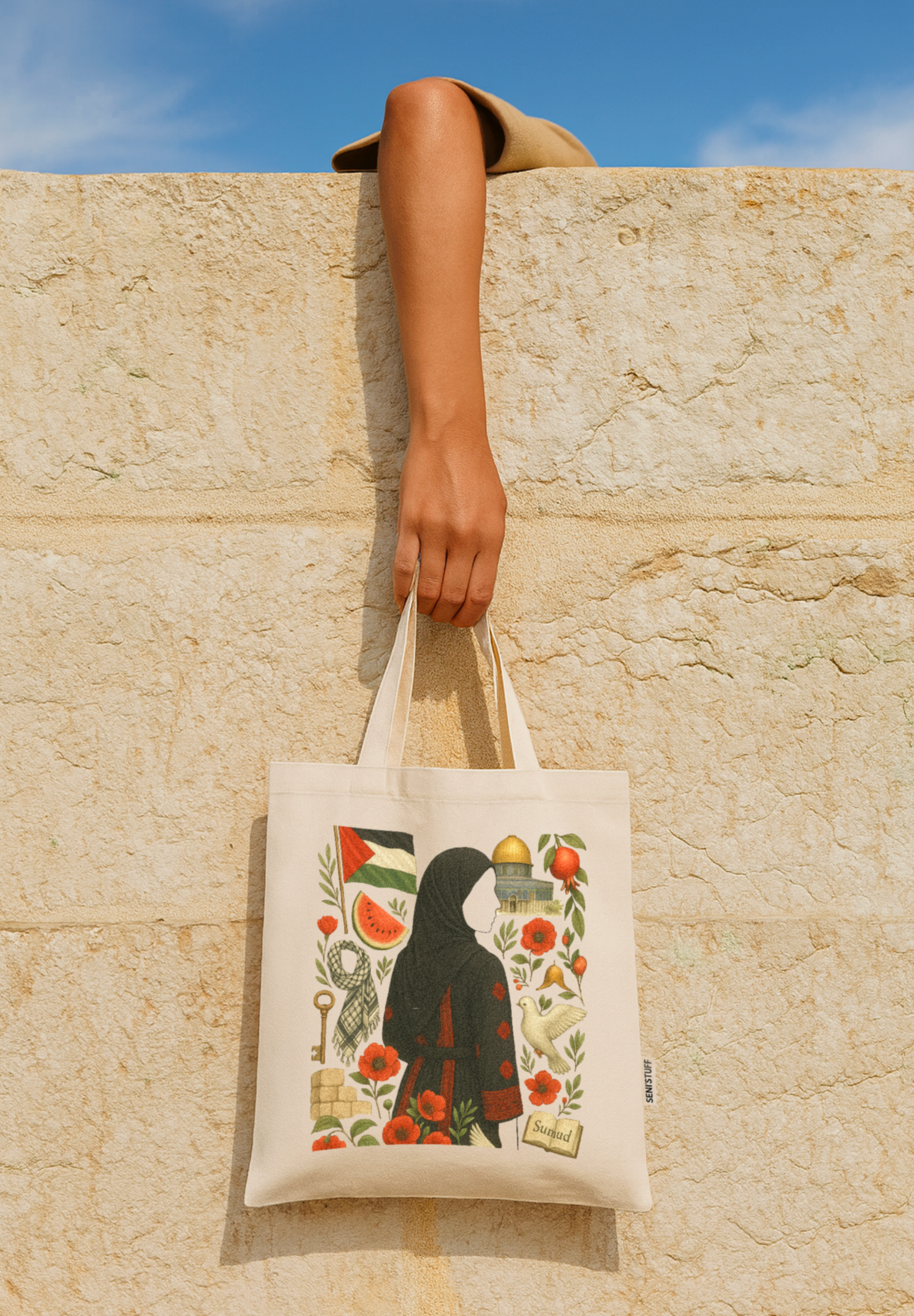 tote bag senistuff de la collection palestine en lien avec le peuple et les femmes palestiniennes 