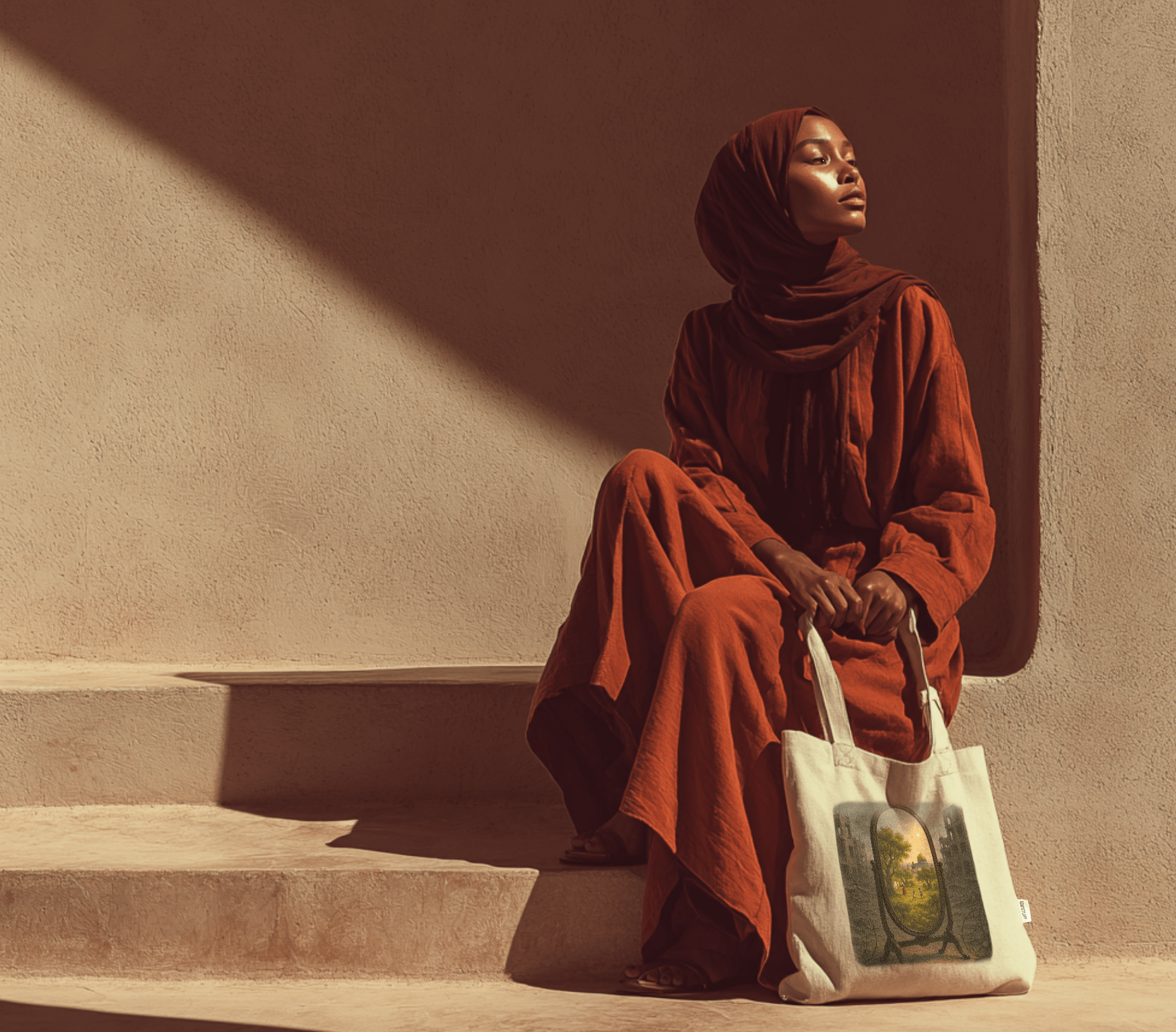 Femme voilée en robe rouille assise avec un tote bag beige Seni'Stuff, ambiance minimaliste et soleil.
