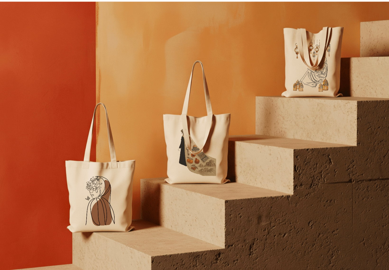 Trio de tote bag page principal, différents sacs fourre tout en représentation de la collection neutral, aid/ramadan, neutral de la marque Seni'stuff 