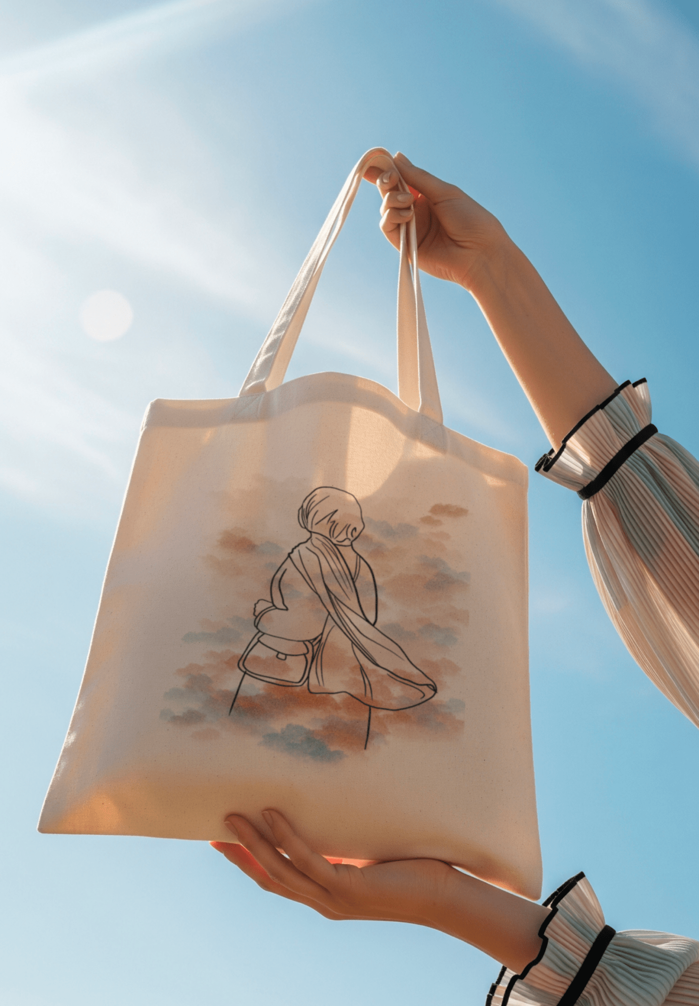 Tote bag Seni'Stuff, sac fourre tout représentation de la femme voilée qui pense, et qui médite sur la nature 